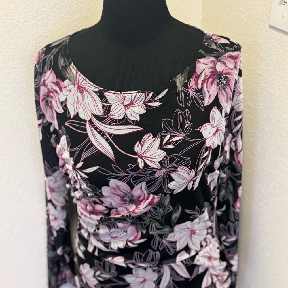 White House Black Market Floral Black Gray Pink Reversible Mesh Dress Ruched M - Picture 3 of 9